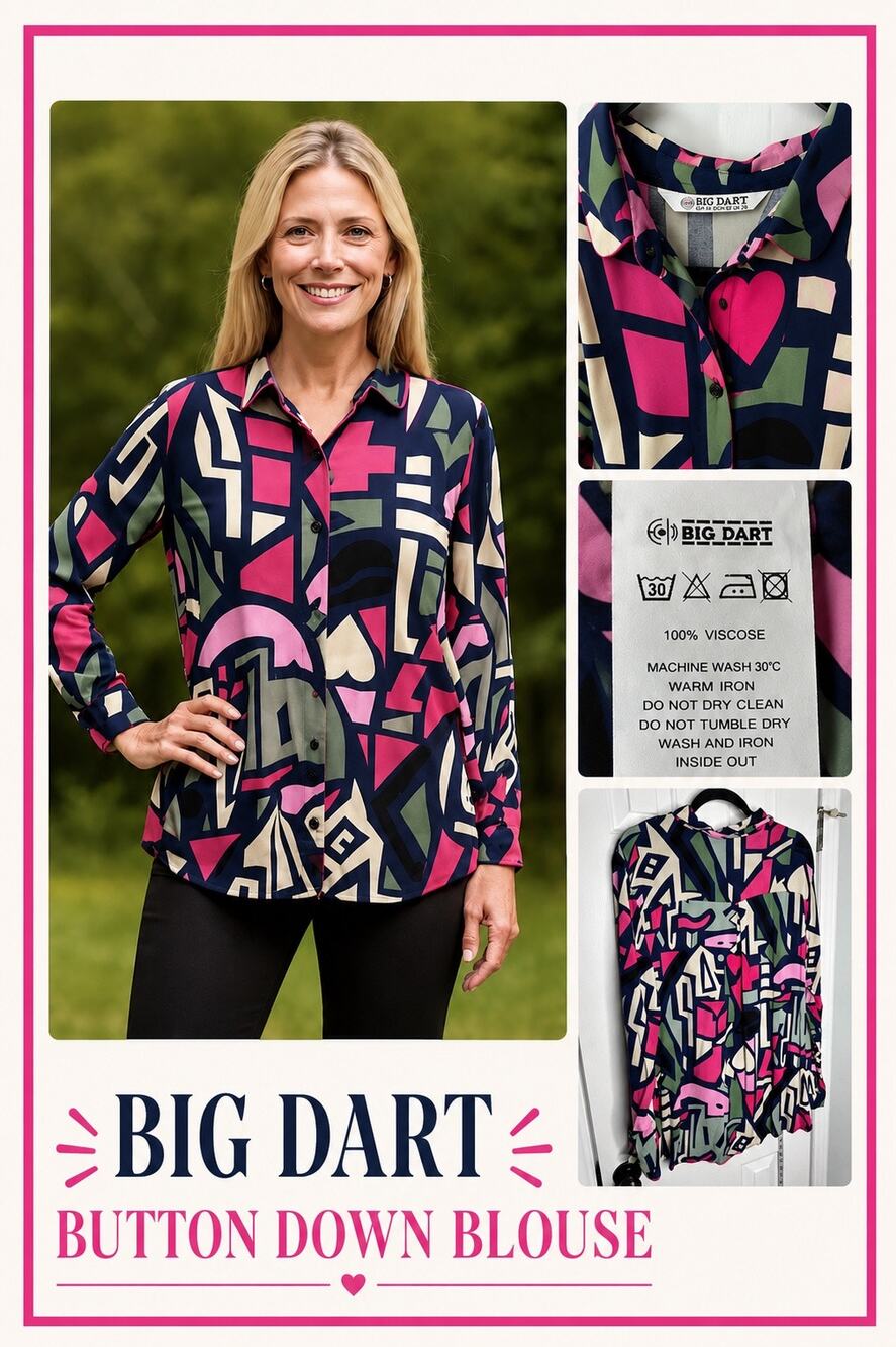 Big Dart Geometric Button Blouse XL 52 Mod Retro Viscose Pink Navy Art Shirt